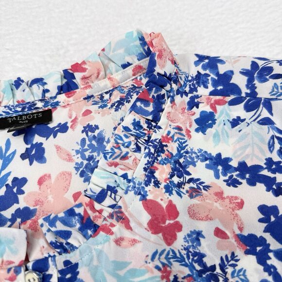 Talbots Top Plus Size 3X Blue Pink Floral Popover Blouse Ruffles Preppy Resort - Picture 5 of 11